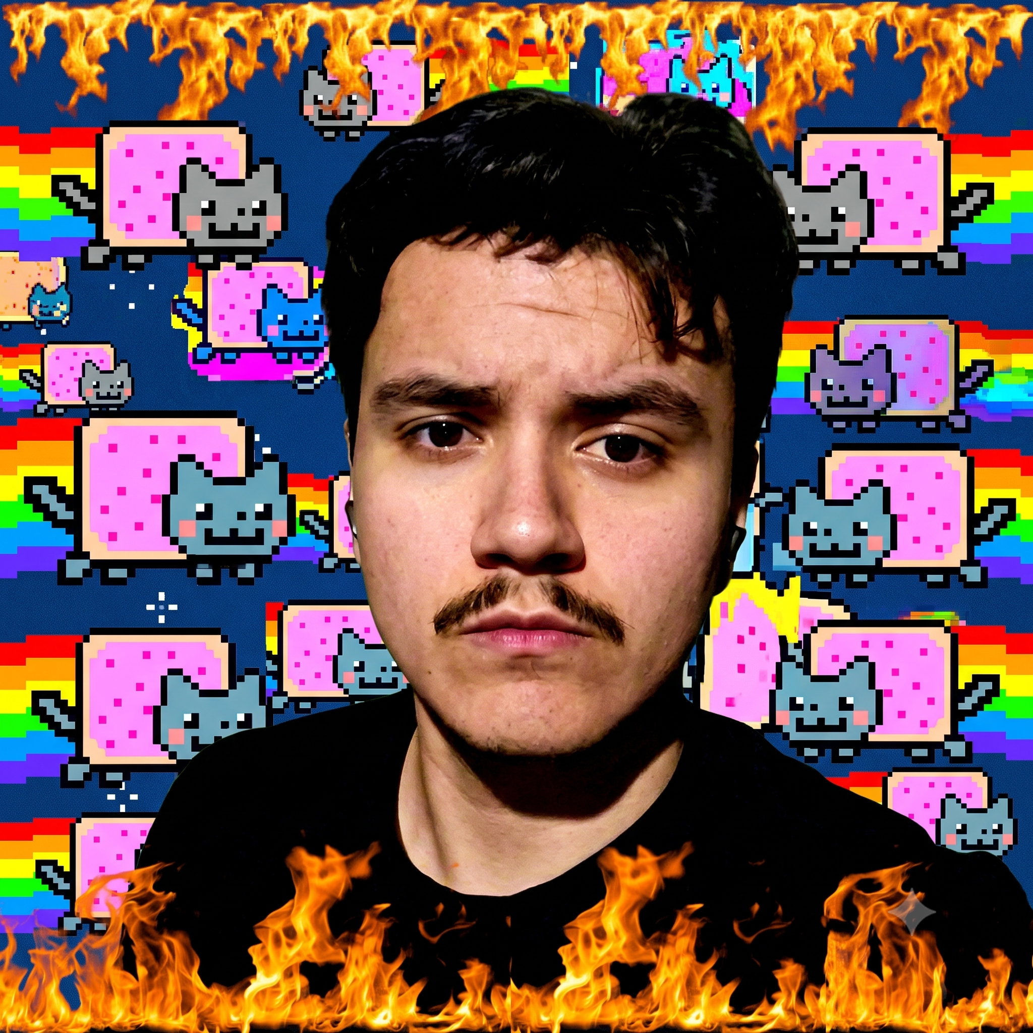 Stylized purple-toned edit of Metehan Karadeniz with a Nyan Cat sticker and flame border